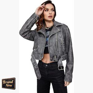Faux Leather Cropped Biker Jacket with Belt, Zipper Pockets, Oversized Fit